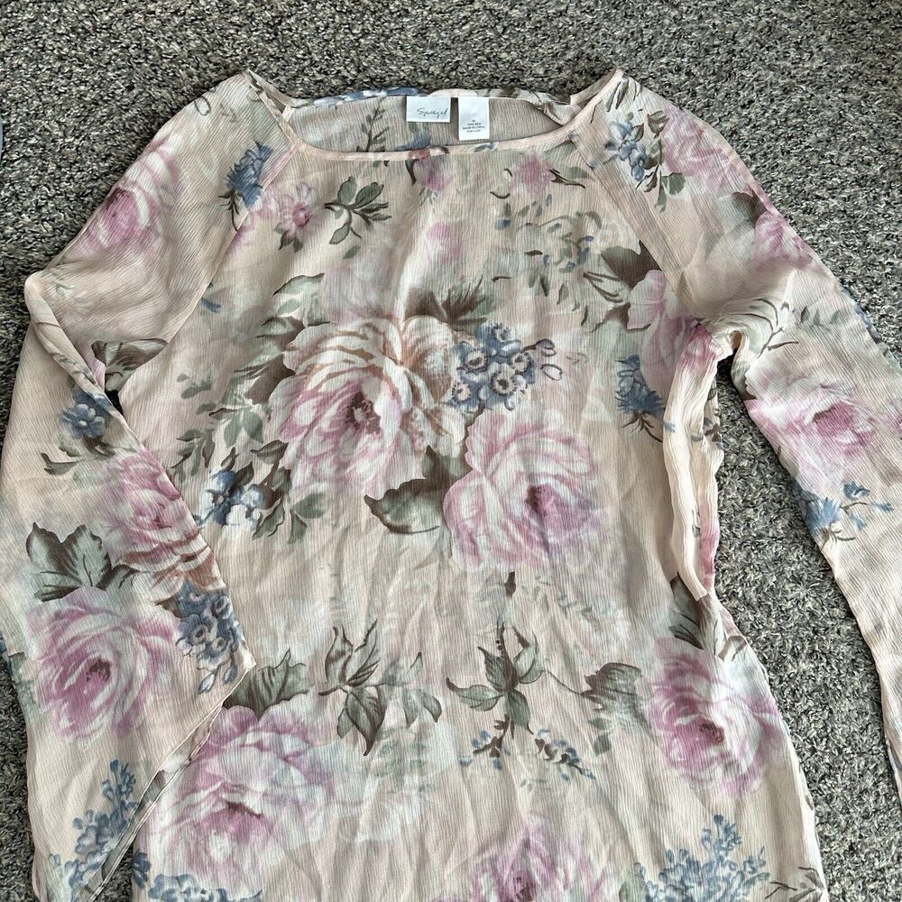 VTG Spiegel Silk Longsleeve Tunic Top Asymmetrical Hem Floral Semi Sheer M Fairy - Picture 2 of 5